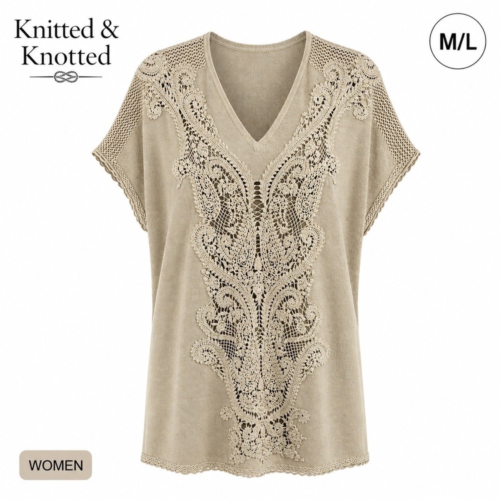 Knitted & Knotted Sweater Dress Navan Kaftan Womens‎ M/L Beige Crochet Coverup